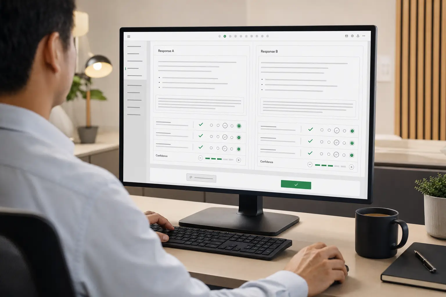 An analyst comparing AI responses against evaluation criteria
